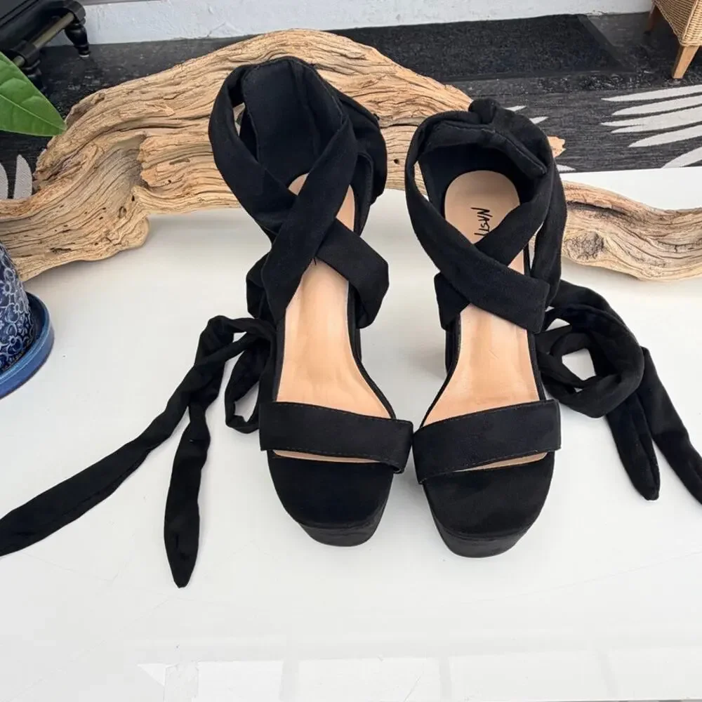 Nasty Gal Shoes | Lace Up Open Toe Platform Heels | Color: Black | Size 38/7.5